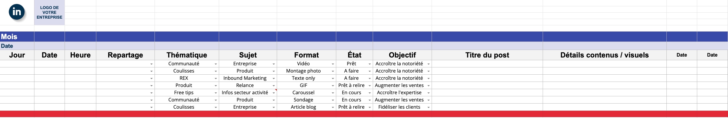 Exemple planning réseaux sociaux