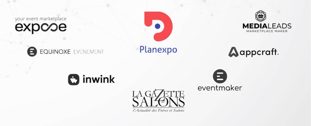 Logos des partenaires de Planexpo : Expose, inwink, Eventmaker, la Gazette des salons, Appcraft, Medialeads, Equinoxe