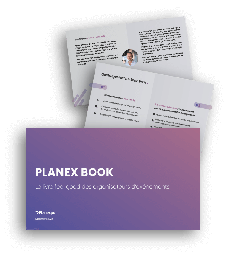 Visuels de 3 pages du Planex Book dédié au secteur événementiel : la page une avec le titre, ainsi que la page témoignage d'un expert et la page quiz.