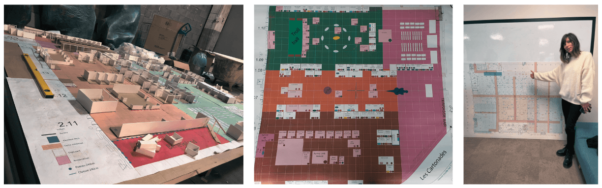 Photo d'anciens plans de salons en version papier ou maquette