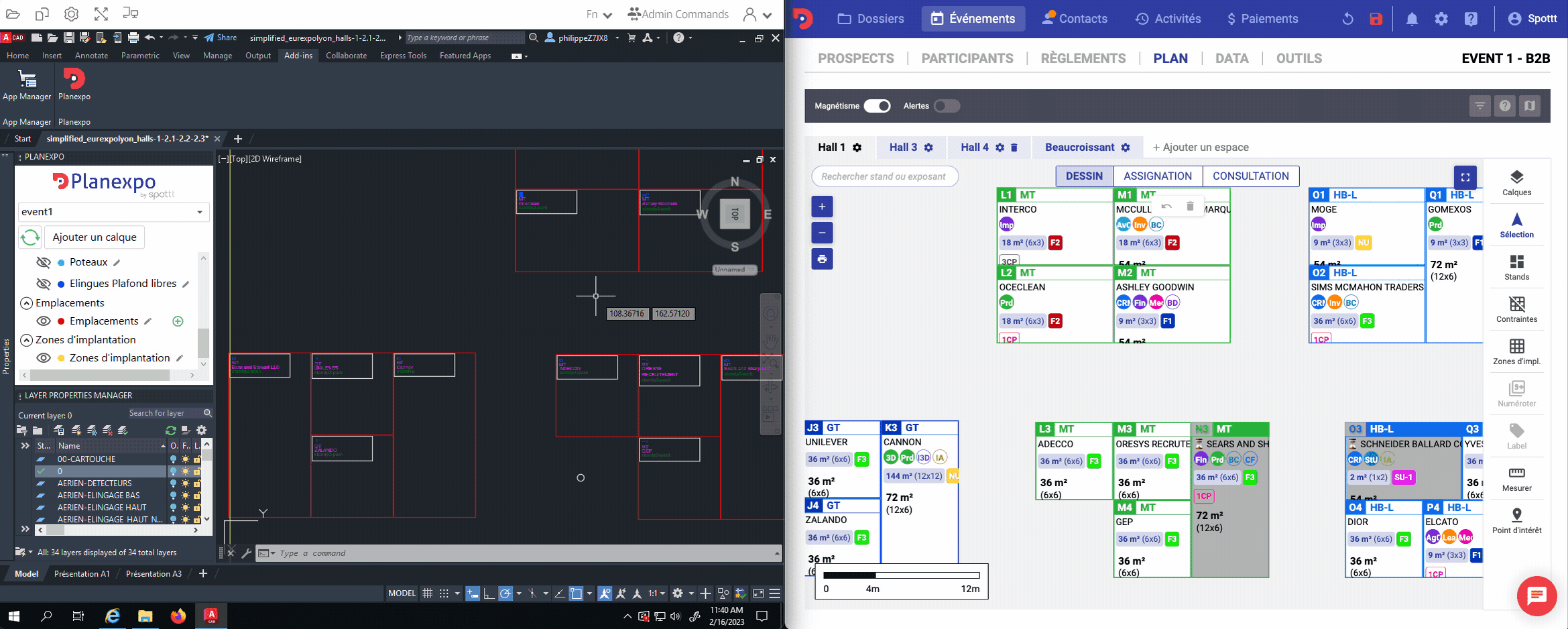 Vue du plan d'implantation interactif via Autocad. Sur le côté gauche, on voit l'outil Autocad et sur le côté droit, on voit l'application directe sur l'outil de gestion événementielle Planexpo.