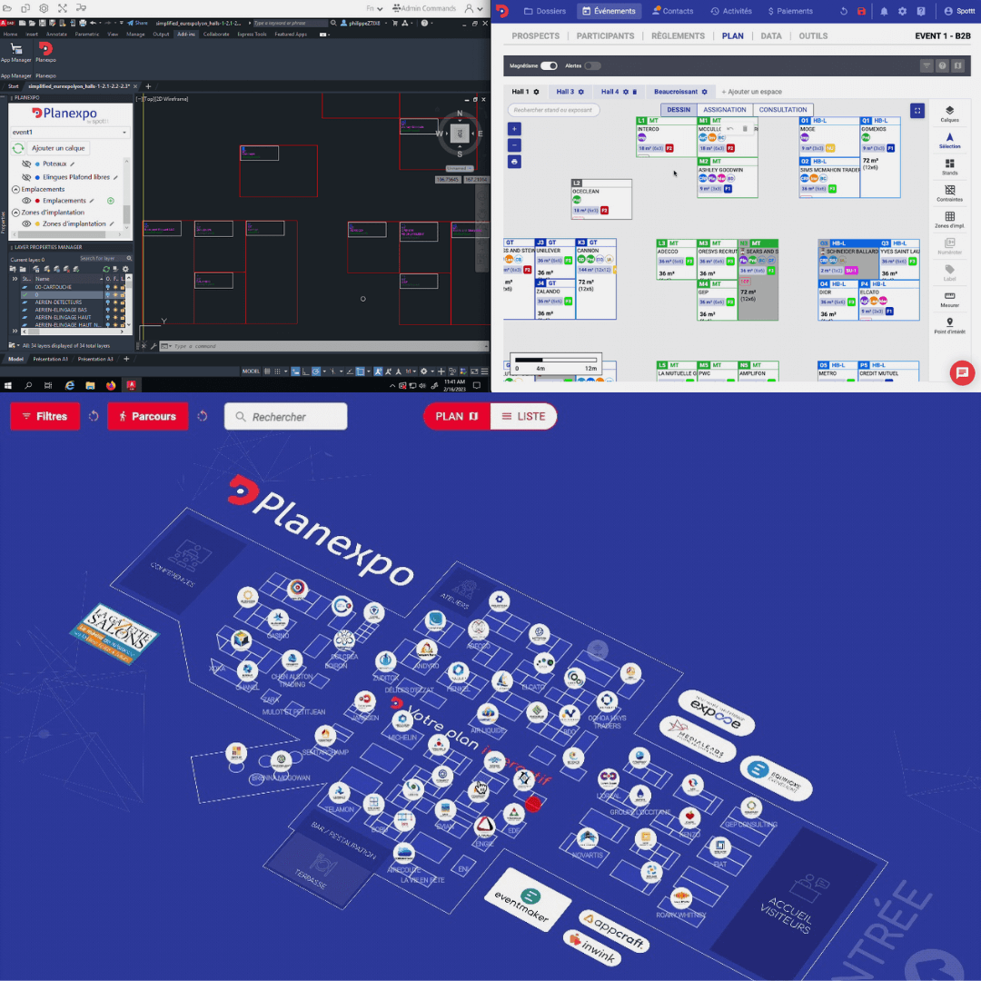 Exemple d'un plan d'implantation interactif chez Planexpo. On y voit en haut le plugin Autocad avec sur la gauche Autocad et sur la droite, l'outil de dessin Planexpo.<br />
Et en bas, il y a le plan interactif visiteur sur Planexpo.