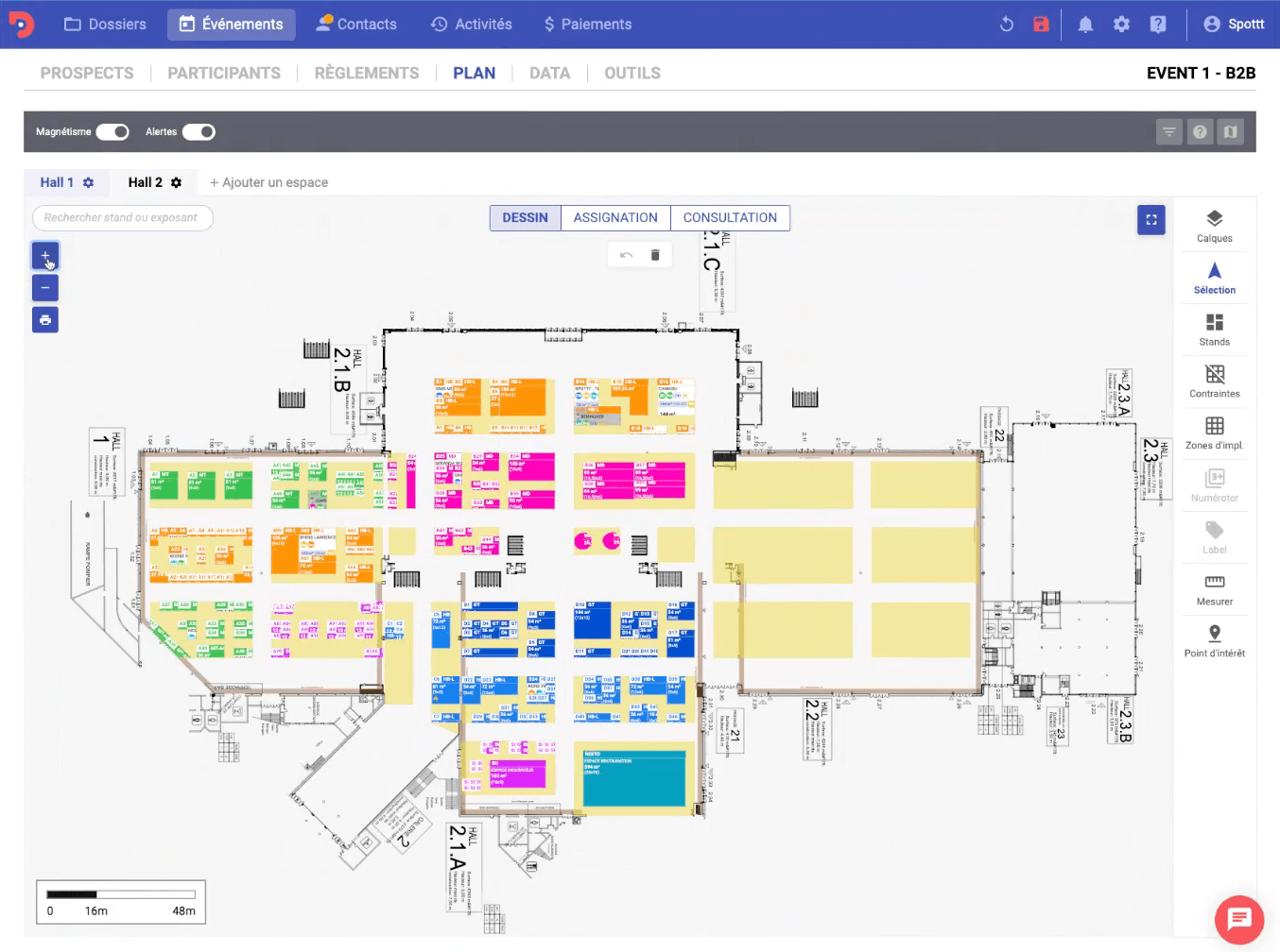 Zones colorées sur un plan de salon interactif