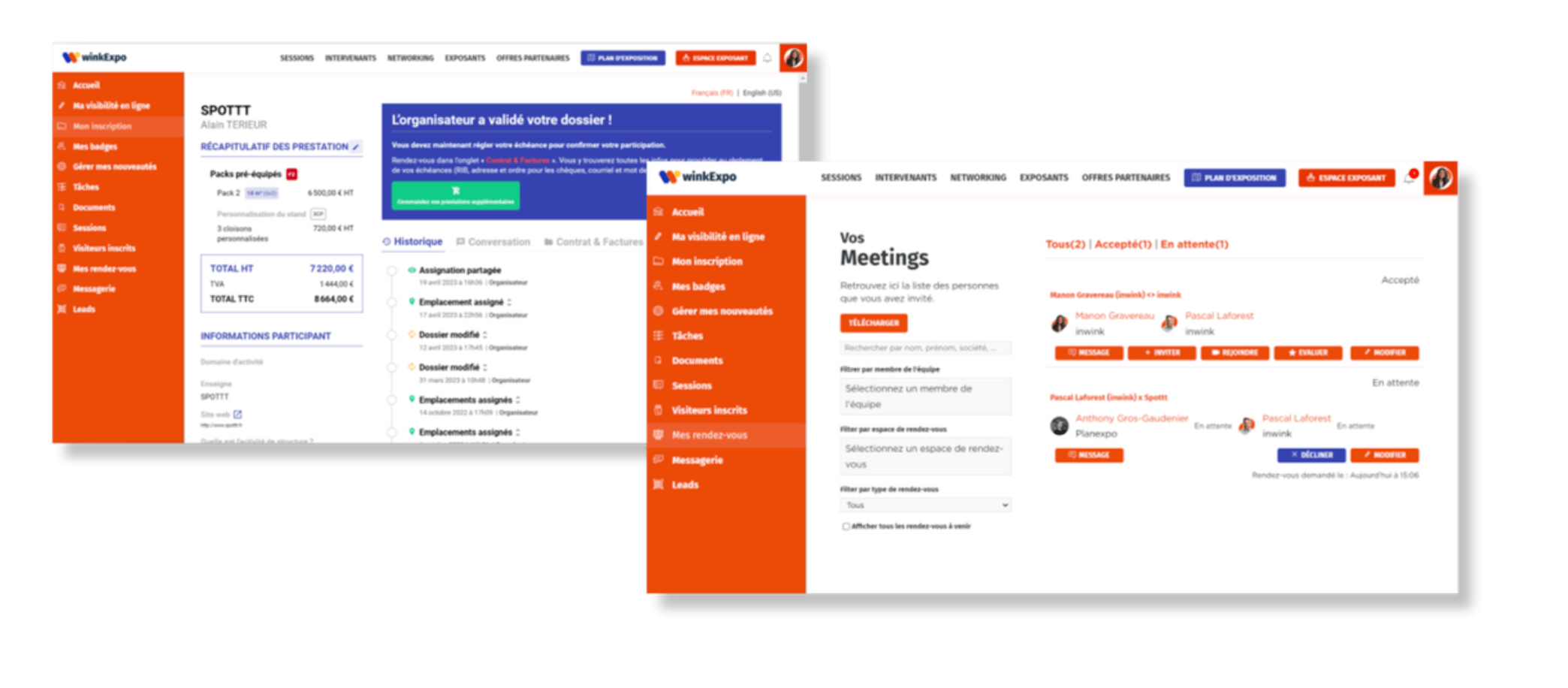 Vue de 2 visuels avec d'un côté, le dossier exposant avec une intégration complète inwink et Planexpo, et d'un autre côté, une page de networking et rencontres événement