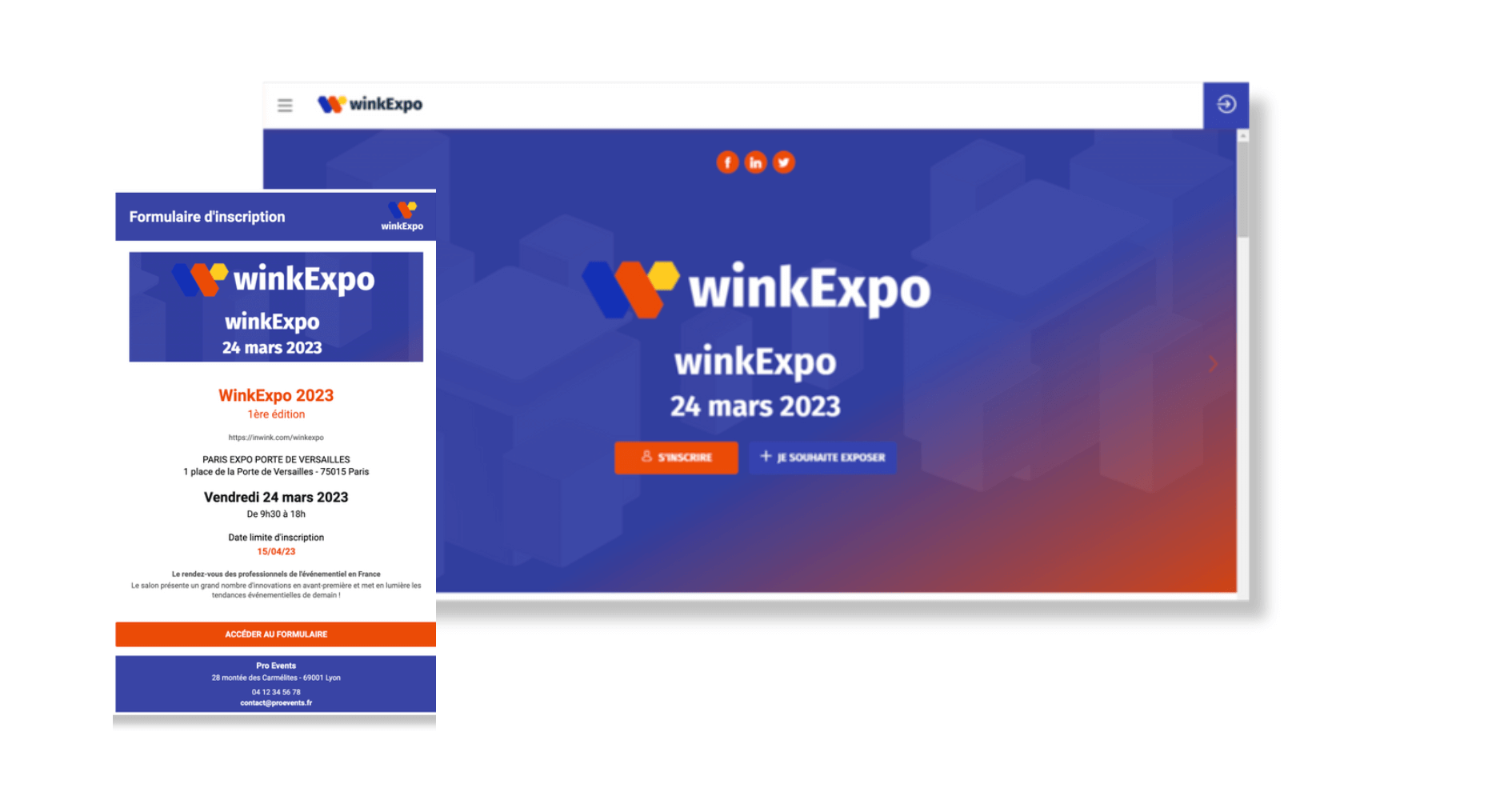 Formulaire d'inscription 2 visuels montrant le site événementiel pour s'inscrire à l'événement, et également la première page du formulaire de demande de participation à l'événement.