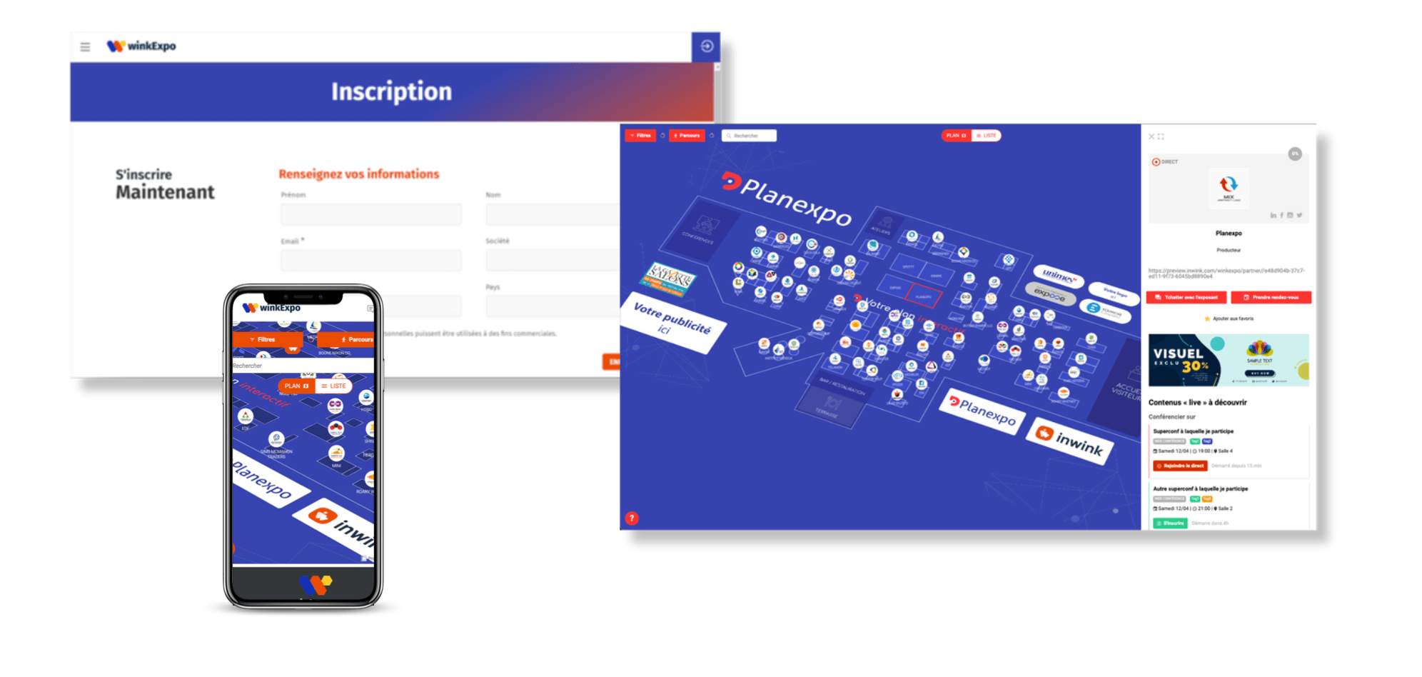 Inscription sessions 3 visuels différents situés sur la plateforme commune Planexpo et inwink, avec : la page session donc le programme des événements, conférences et RDV. Également la vue du plan visiteurs et le volet descriptif de l'exposant. Et enfin, une vue du plan visiteurs sur mobile.