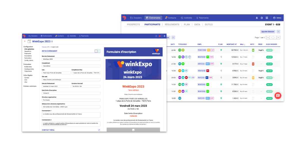 Vue de 2 visuels : la configuration du formulaire d'inscription, ainsi que la vue du formulaire. Et la liste des exposants sur le CRM métier sur l'outil Planexpo