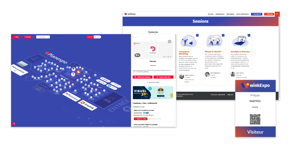 Photo de 3 visuels venant de l'outil Planexpo. On y voit un plan interactif avec un volet d'informations sur la droite. Également la page des sessions du programme de l'événement, venant de l'outil inwink et un exemple de badge de participant à un salon.