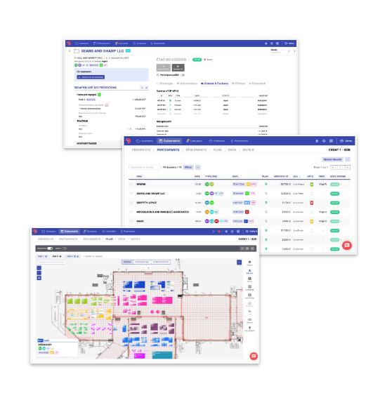 3 visuels de l'outil de gestion événementiel : l'espace exposant, le CRM métier et le plan d'implantation. C'est pour montrer la phase de formation sur ces différentes fonctionnalités.