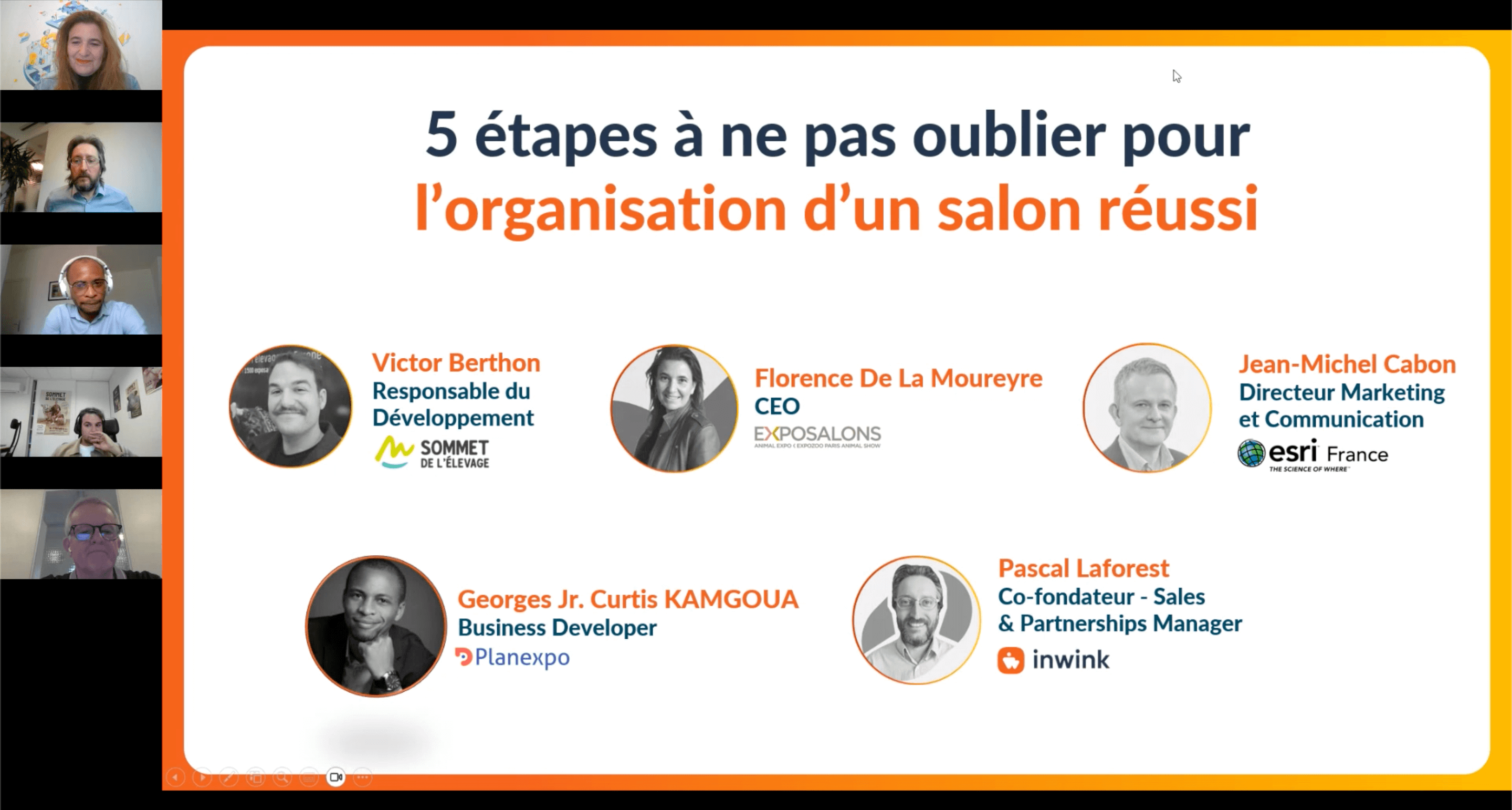 Vignette du visuel du webinaire 5 étapes à ne pas oublier pour l'organisation d'un salon réussi. On y voit tous les intervenants : Florence, jean-Michel, Pascal, Victor et Georges.