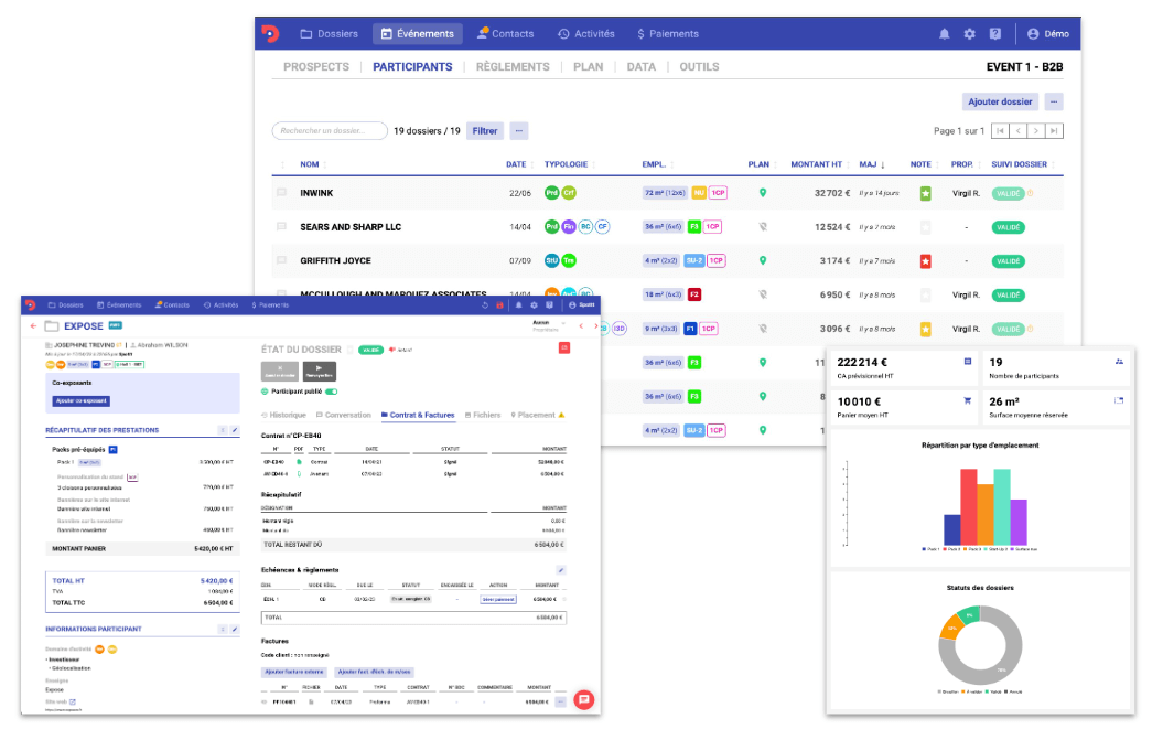 Différents visuels listing dossier de participation et vue data sur l'outil Planexpo, gestion événementielle : l'onglet data, l'onglet événement, participants et l'espace exposant