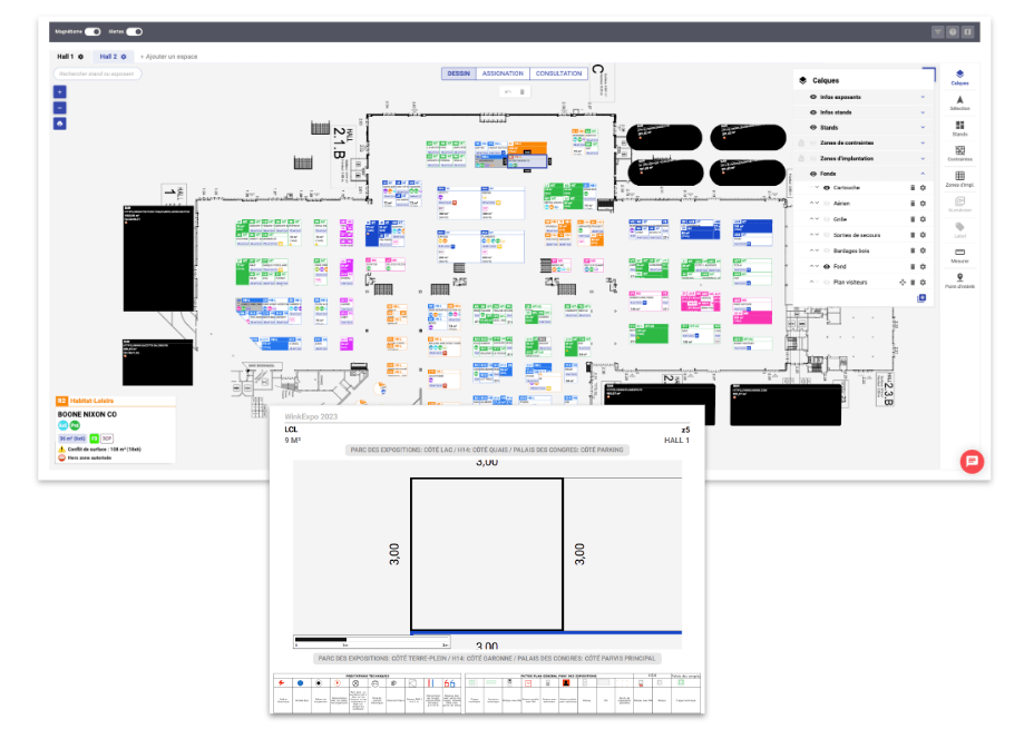 Vue du plan d'implantation interactif et sa modélisation sur le logiciel de gestion événementielle Planexpo