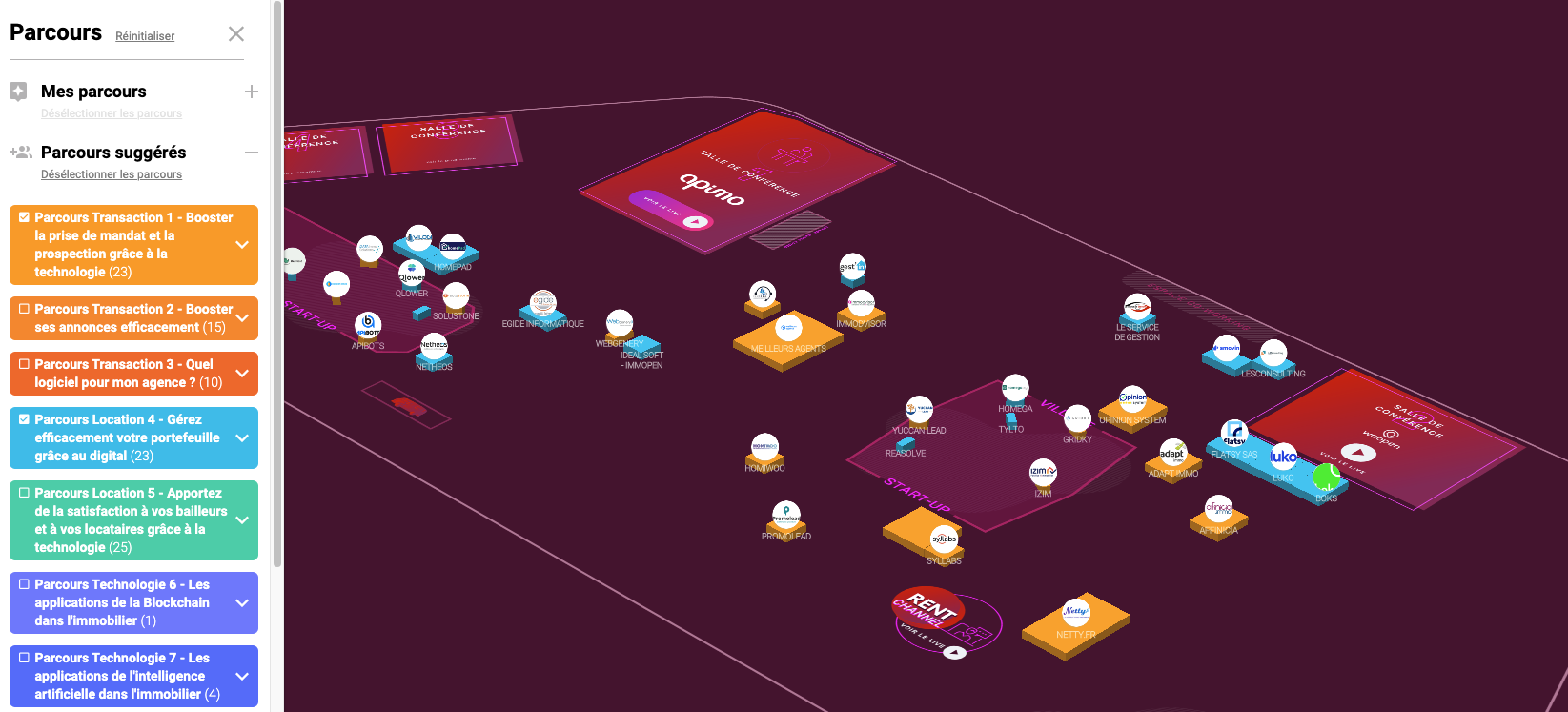 Visuel du plan du salon Rent, client de Planexpo, avec sur le côté droit, un volet qui récapitule tous les parcours thématiques monétisables pour les visiteurs