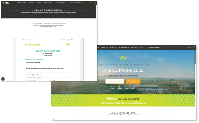 Visuel du site événementiel du sommet de l'élevage et du formulaire de demande d'inscription, client de Planexpo