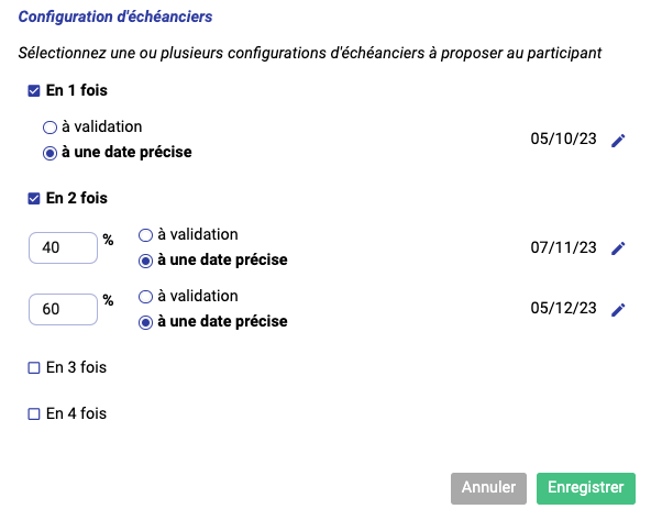 Visuel qui montre comment configurer l'échéancier sur l'outil Planexpo : en 1 fois à validation ou à une date précise. En 2 fois, à validation ou à des dates précises. En 3 fois, etc...