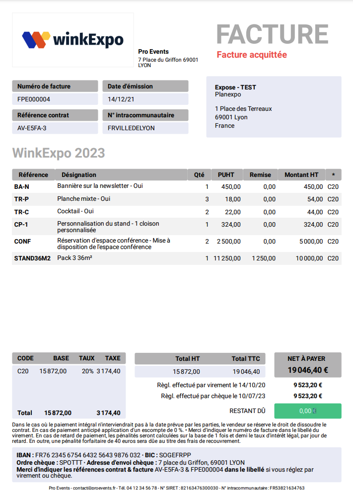 Visuel d'une facture acquittée venant de l'outil Planexpo. Où on y voit l'ensemble des informations de l'exposant : l'adresse de facturation, les éléments comptables, le récapitulatif de sa commande, le montant total de la facture acquitté.