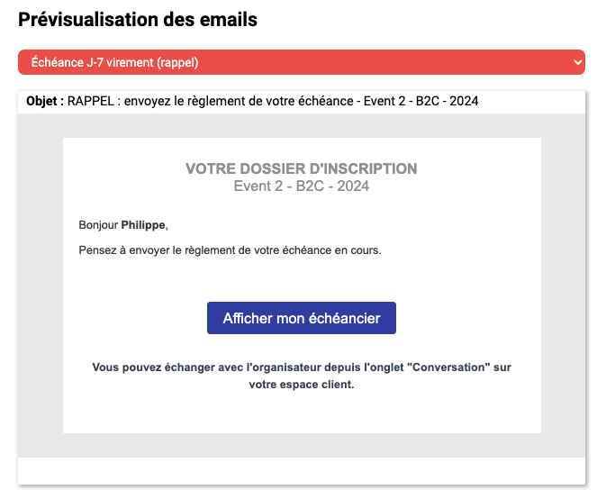 Visuel du mail de relance de règlement à J-7 avant un événement, en fonction de l'échéancier programmé par l'organisateur.