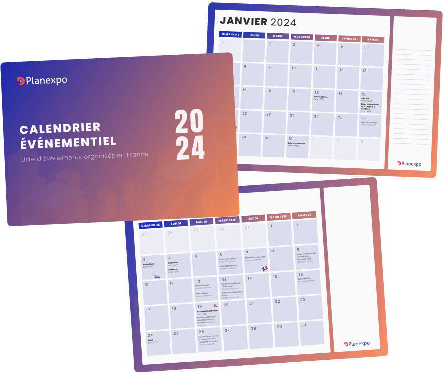 3 visuels assemblés en une image avec la première page du calendrier événementiel 2024 et 2 autres pages : janvier et novembre 2024