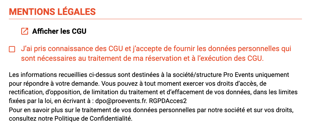 Capture d'écran des mentions légales situées sur la première page du formulaire d'inscription exposant sur Planexpo