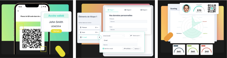 3 visuels de l'outil de gestion événementielle Eventmaker avec le scan du badge, l'inscription à l'événement et les statistiques associées à l'événement