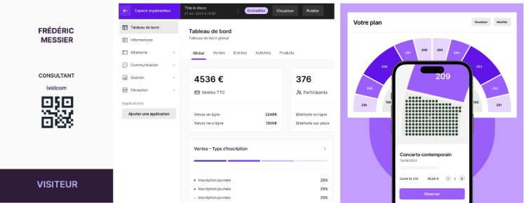 3 visuels de l'outil Yurplan avec un exemple de badge visiteur, le tableau de bord des ventes et un plan de placement d'une salle de concert