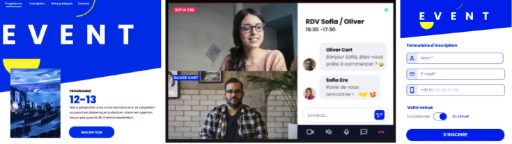 3 visuels de l'outil Digitevent avec le site web, le webinaire et l'inscription