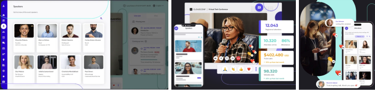 Montage avec 3 photos de l'outil de gestion événementielle Eventia. On y voit une liste d'intervenants, le programme des conférences et une vue de la visio conférence, ainsi qu'un visuel du matchmaking.