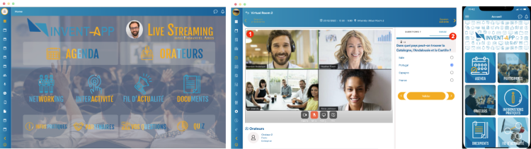 3 visuels de l'application Invent App avec un exemple de site événementiel, ainsi qu'un webinaire et leur application mobile qui récapitule l'agenda, les documents, etc...