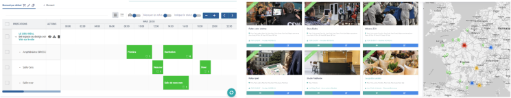 2 visuels de l'outil Lab Event avec un planning de gestion de salles, une liste de lieux événementiels avec une carte de la France
