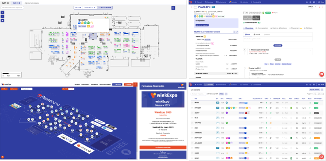 Vue de 5 captures d'écran de l'outil Planexpo avec : la modélisation du plan par l'organisateur, le dossier exposant, le plan interactif 3D, le formulaire d'inscription et le CRM métier
