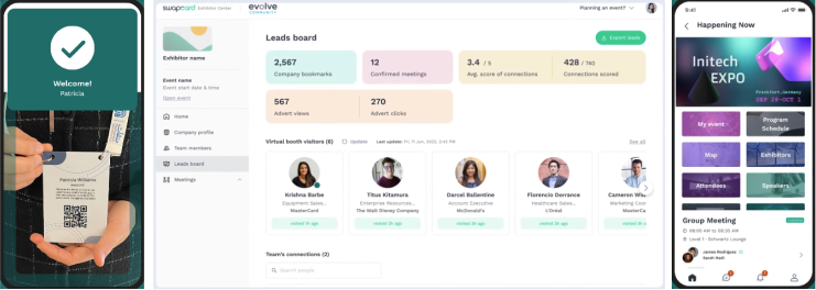 Montage de 3 visuels de l'outil de gestion de leads Swapcard. On y voit une vue de scan de badge + un tableau de bord avec le nombre de leads scannés et une vue mobile du programme de l'événement