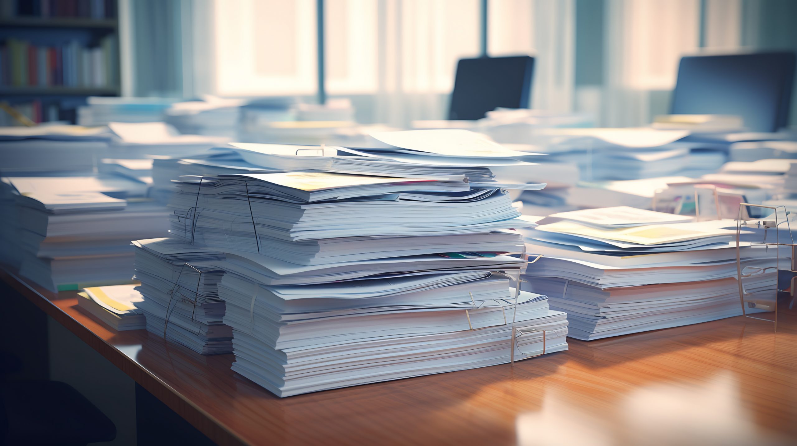 Photo d'un bureau sur lequel on retrouve de 5 à 10 tas de feuilles, qui correspondent à des formulaires papier imprimés