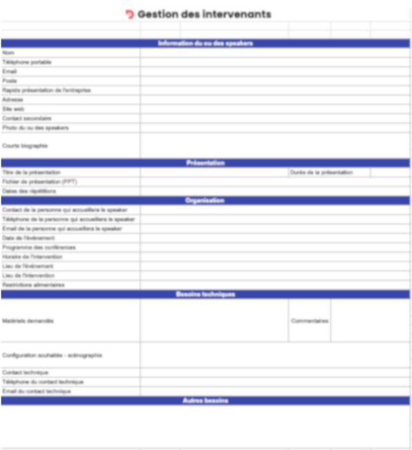 Visuel d'un modèle Excel à télécharger, pour gérer les intervenants lors d'un salon événementiel