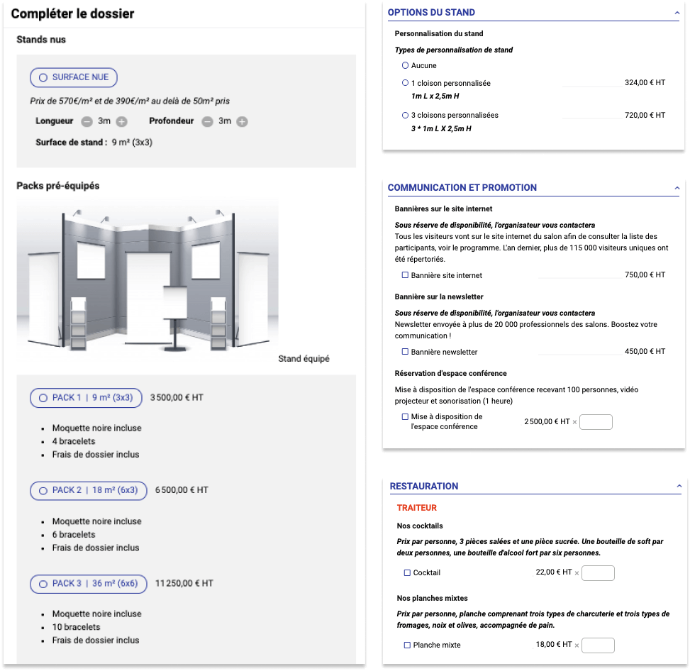 4 captures d'écran du formulaire de participation de l'outil de gestion événementielle Planexpo. On y retrouve toutes les informations de stand à compléter (packs pré-équipés, type de stands...), les options de stand à choisir, les éléments de communication et de promotion, et la partie restauration,  traiteur.