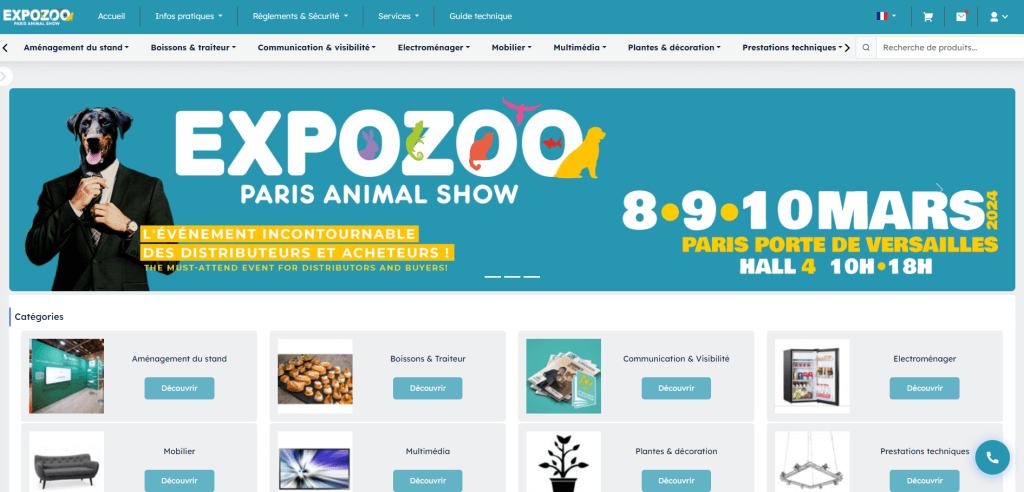 Visuel de l'outil marketplace Expose. On y voit un site web récupéré du client Expozoo, Paris Animal Show. Avec des onglets sur le haut de la page, le bandeau de l'événement et en dessous, la liste du matériel et des mobiliers à louer.
