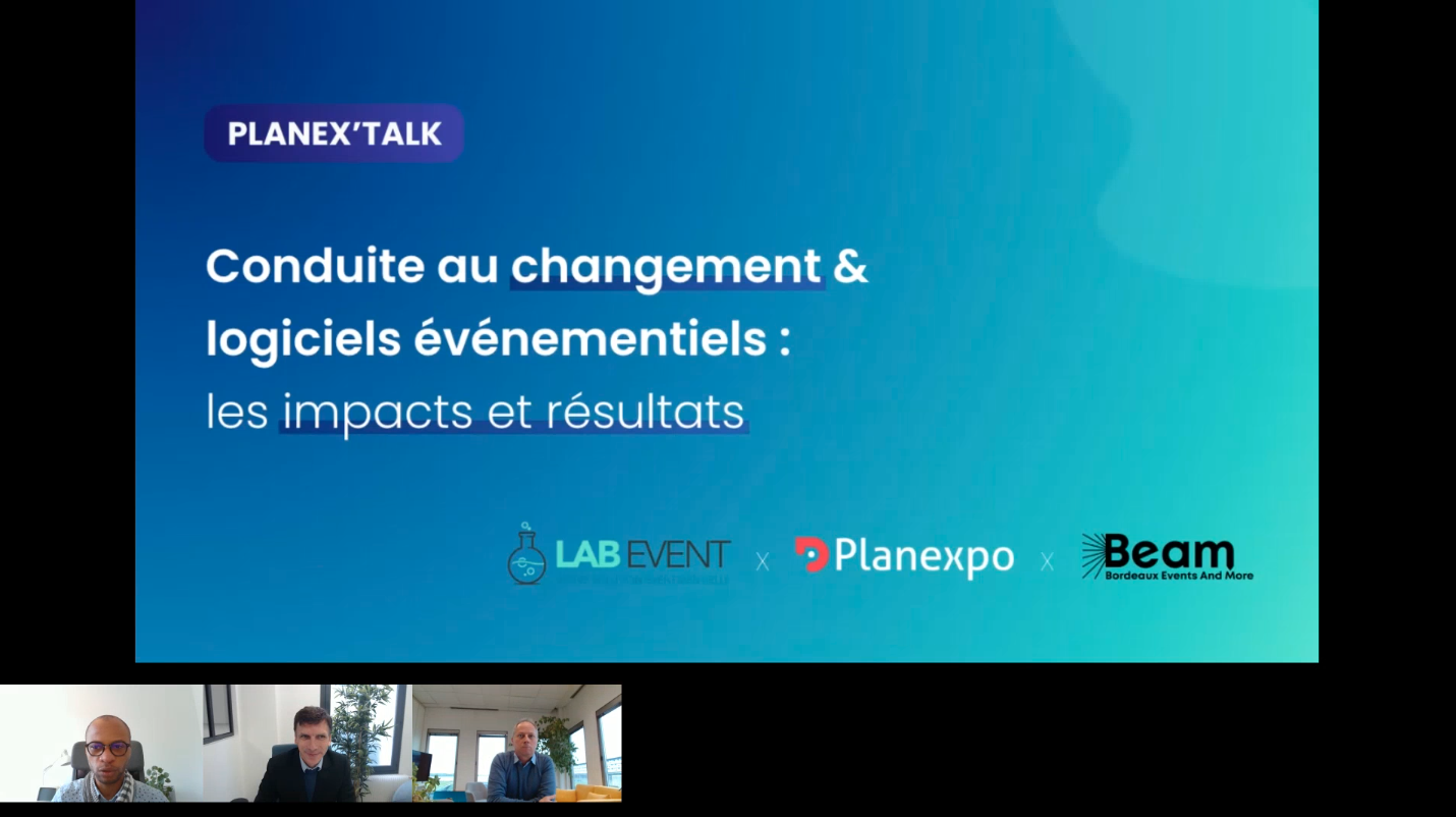 Vignette du webinaire sur la conduite au changement. On y voit la 1ère page du document de présentation en fond. Ainsi que les 3 vidéos des 3 intervenants : Georges Kamgoua, Vadim Toropoff et Vincdent Montury