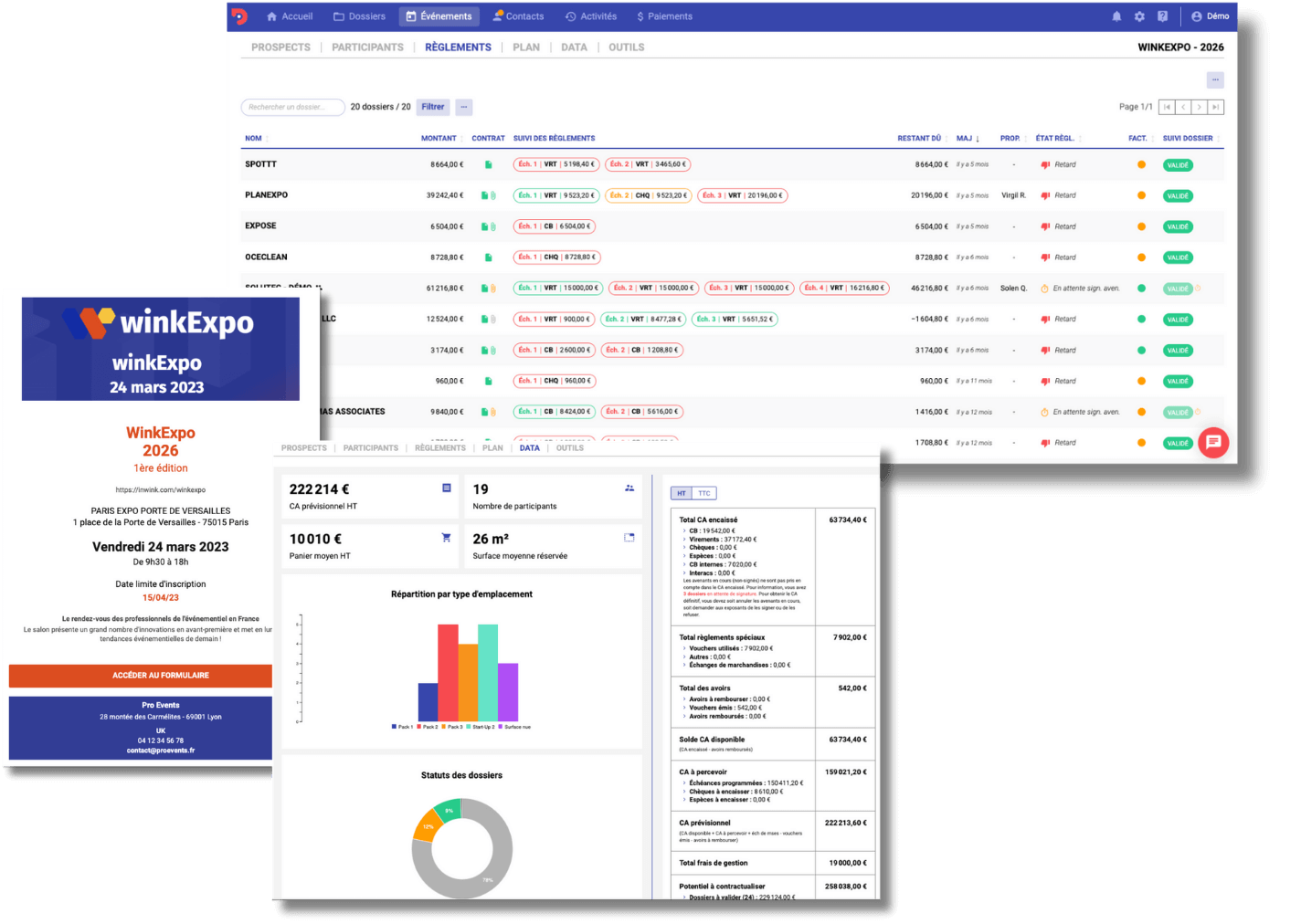 3 visuels de l'outil Planexpo avec la première page du formulaire d'inscription, ainsi que la liste des suivis de règlements, et le tableau de bord de suivi des chiffres et réservations