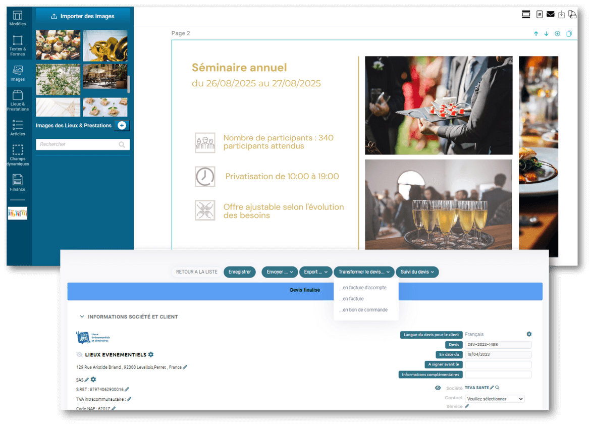 Envoi de devis et facturation facilités 2 visuels de l'outil Lab Event avec la création automatisée de devis depuis les événements, mais également l'envoi de documents personnalisables en fonction de l'événement