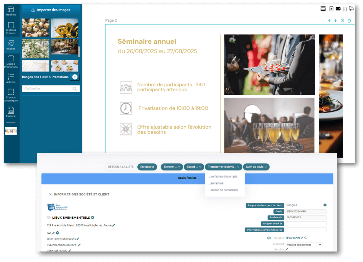 2 visuels de l'outil Lab Event avec la création automatisée de devis depuis les événements, mais également l'envoi de documents personnalisables en fonction de l'événement