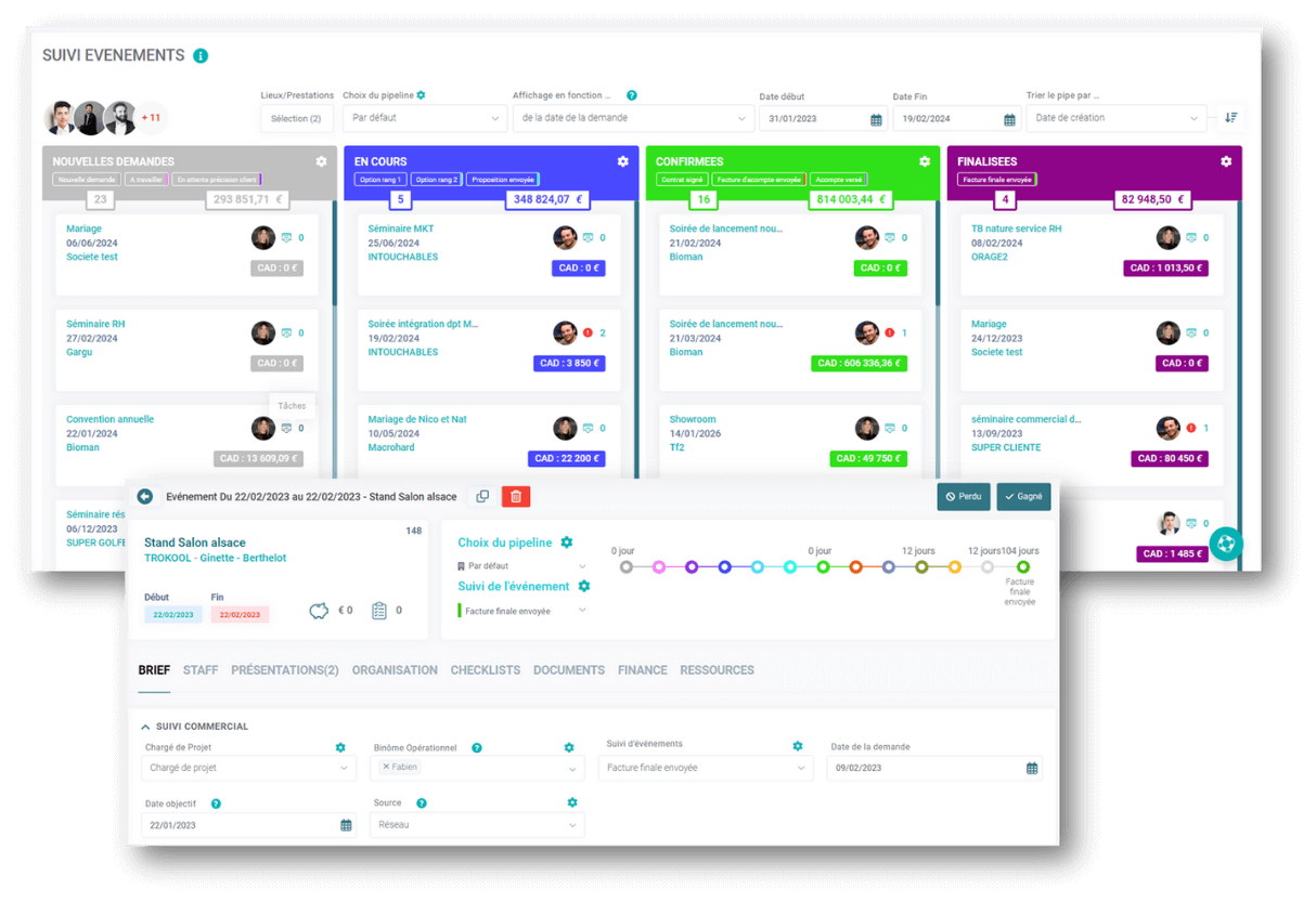 2 visuels de l'outil Lab Event avec le suivi des événements en vue pipeline et le système de suivi des tâches