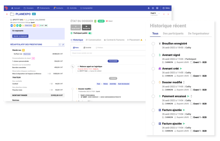 Visuels de l'espace exposant sur la partie gauche et de l'historique des échanges du dossier, sur la partie droite.