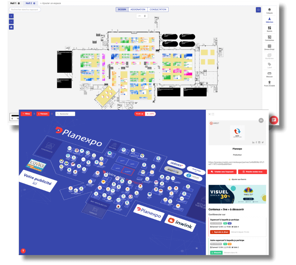 Vue de l'outil Planexpo avec l'outil de dessin des stands et modélisation, ainsi qu'un plan visiteur avec volet exposant visible.