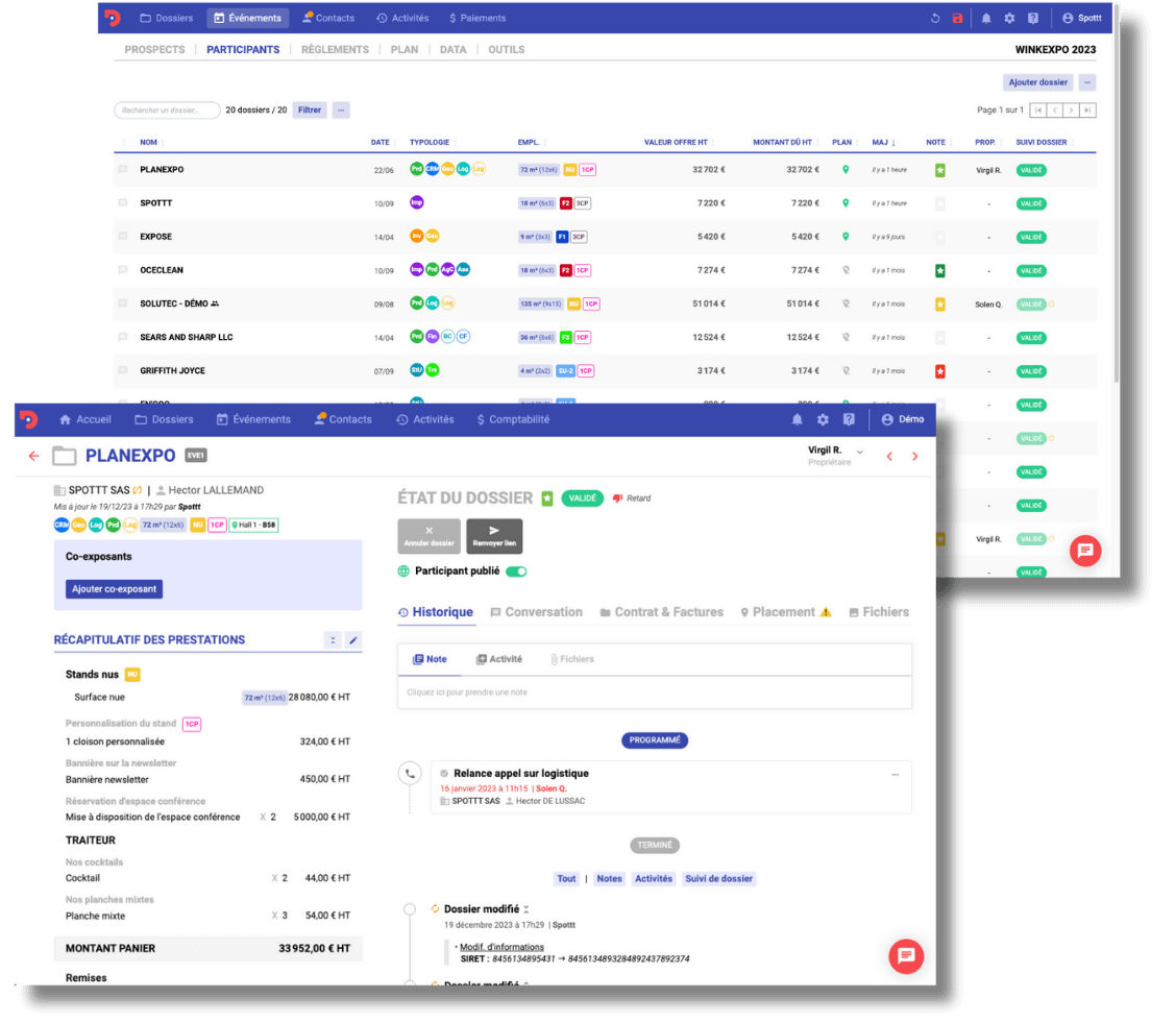 Suivi des demandes de participation Planexpo 2 visuels de l'outil Planexpo avec un dossier exposant ainsi qu'une vue du CRM métier avec toute la liste des participants