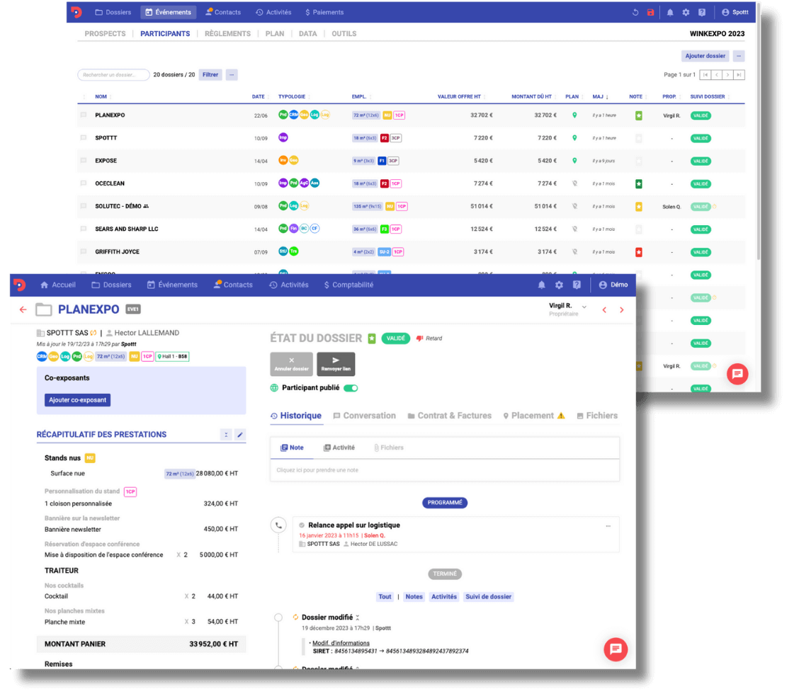 2 visuels de l'outil Planexpo avec un dossier exposant ainsi qu'une vue du CRM métier avec toute la liste des participants