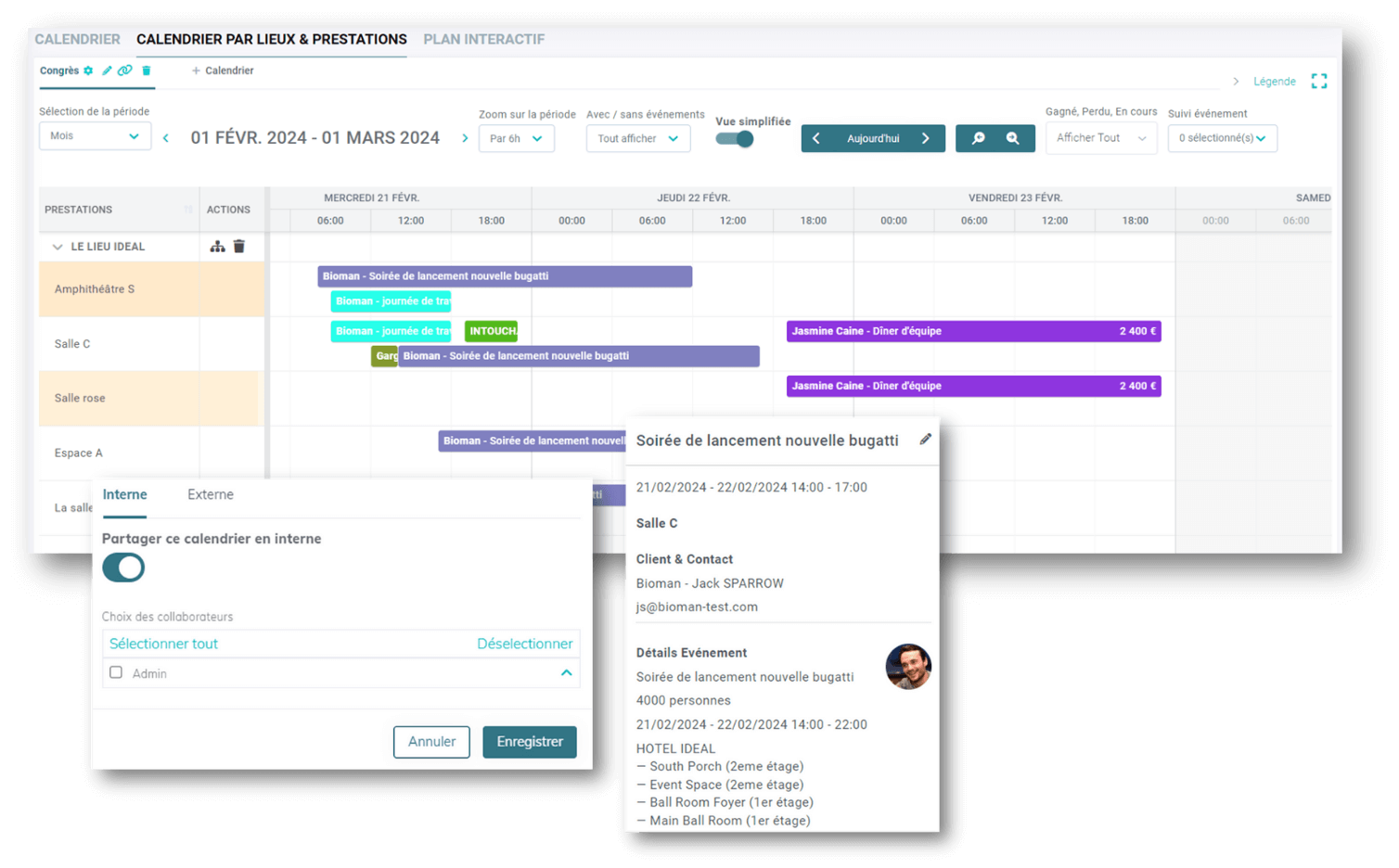 3 visuels de l'outil Lab Event qui montrent le calendrier de réservation des espaces, le partage de ce calendrier en interne et le détail de l'événement