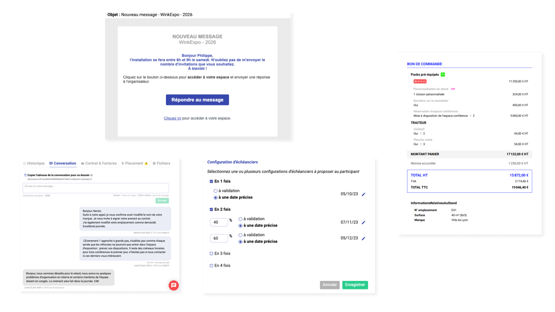 4 visuels sont présents : un message automatique envoyé à l'exposant, l'onglet conversation dans l'espace exposant, l'échéancier de paiement à programmer ainsi qu'un bon de commande