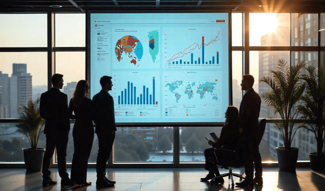 Plusieurs personnes devant un écran avec les datas d'un salon professionnel