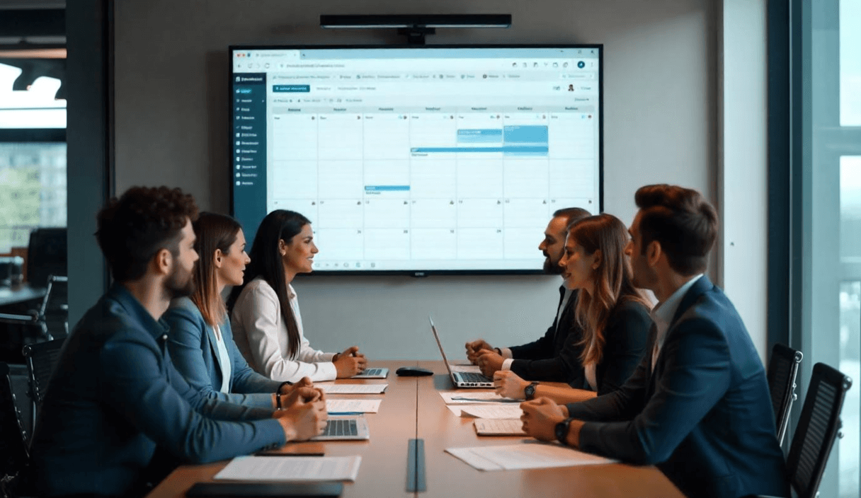 Groupe travaillant autour d'un projecteur, ils sont entrain de décider de leur prochain logiciel de gestion événementielle