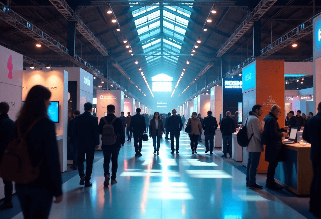 Les allées d'un salon professionnel avec des exposants entrain de faire de la communication événementielle