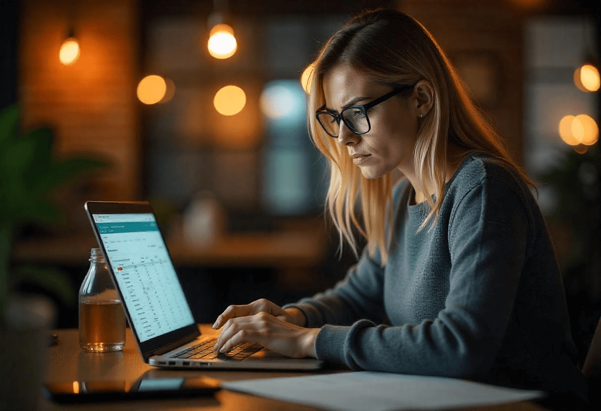 Une femme sur son bureau agacé par la gestion financière de son salon professionnel